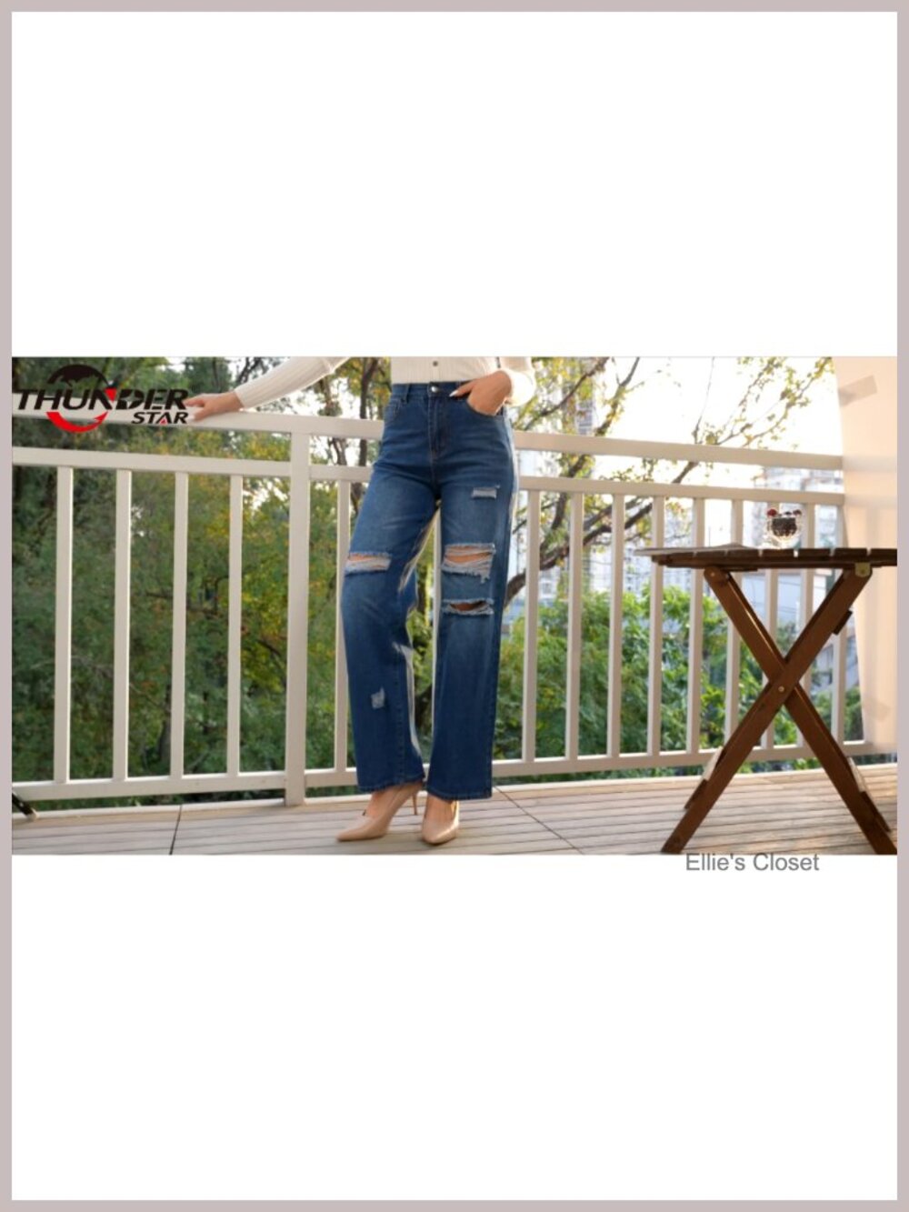 Womens High Waisted Wide Leg Stretchy Distressed Jeans - Picture 6 of 6